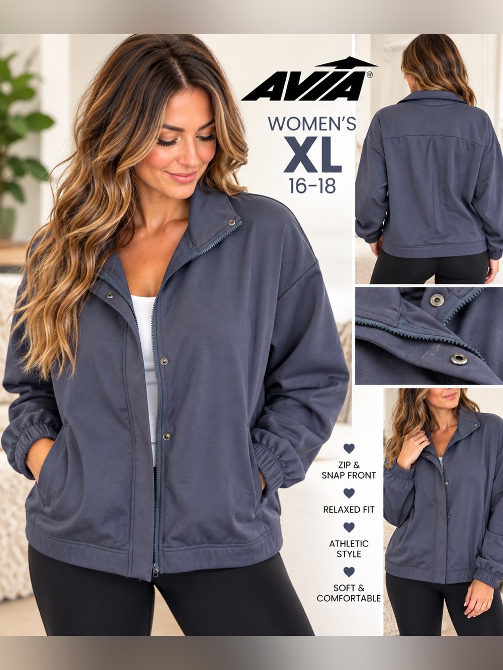 Avia Women’s XL 16-18 Blue Gray Zip Snap Athletic Jacket